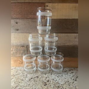 Vintage set of 6 MCM Glass Tumbler Set with Frosted and Gold Stripe Accents